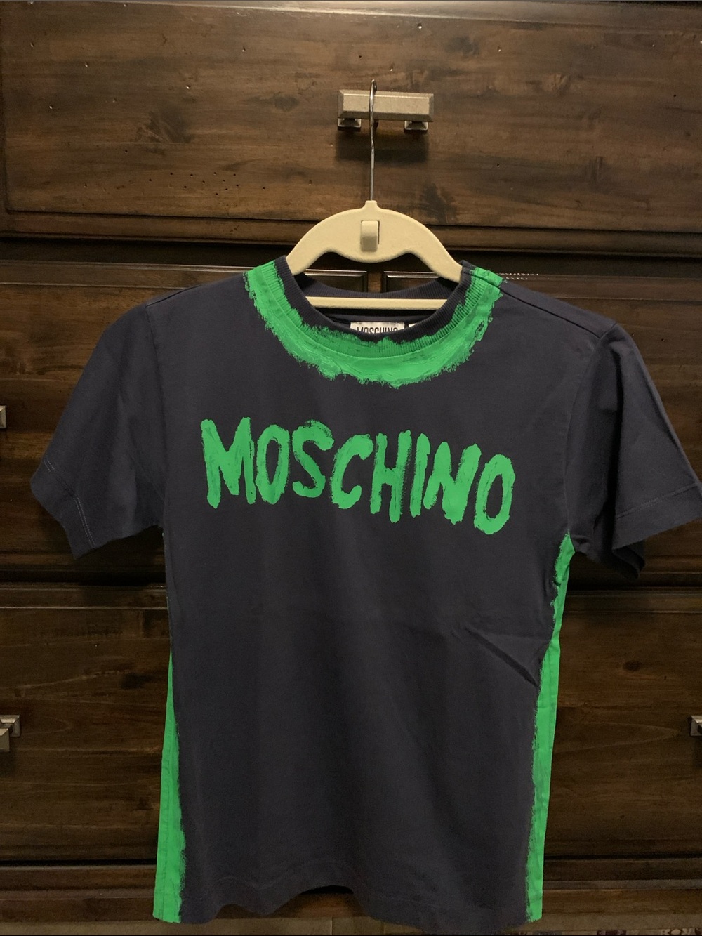 Moschino Kids Paint Effect Navy T-Shirt with Bright Green Logo and Trim